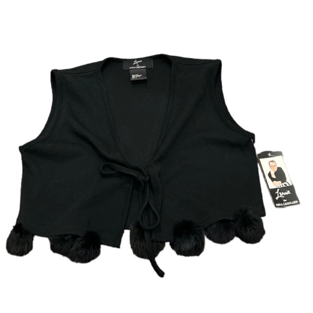 NWT Lennie for Nina Leonard black tie vest with fuzzy pompoms